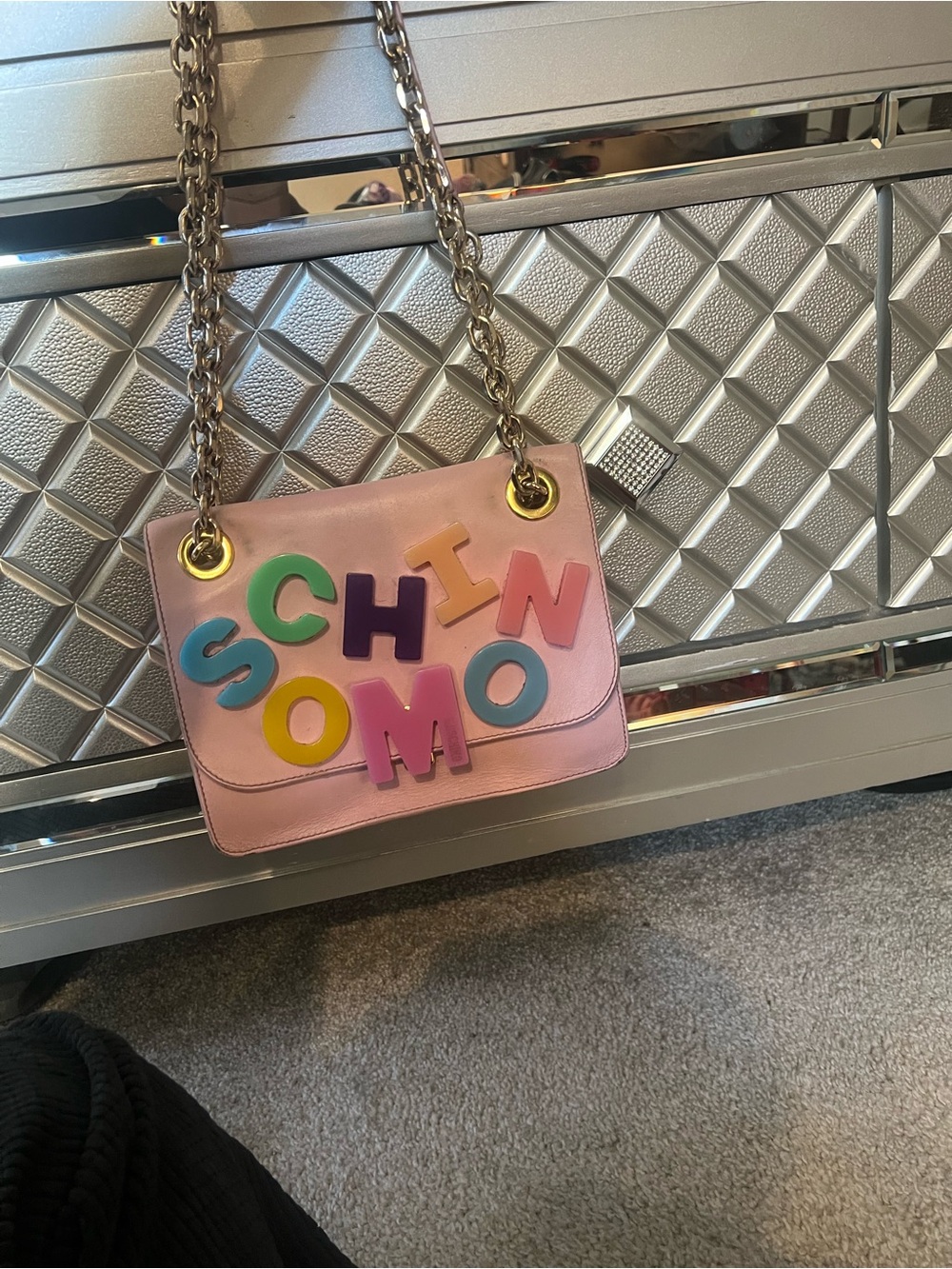 Moschino Pink Shoulder Bag with Multicolor Letter Accents
